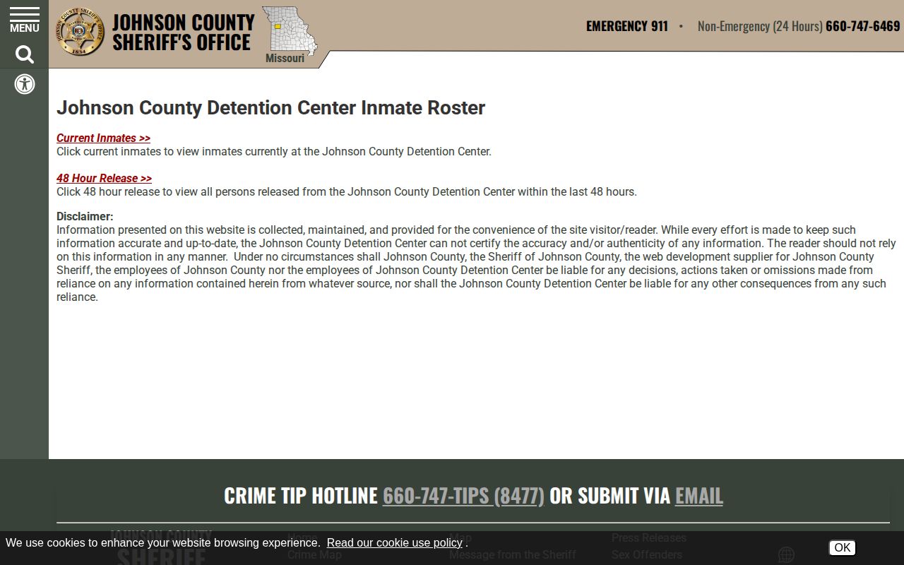 Johnson County sheriff roster chooser with current inmate and release options