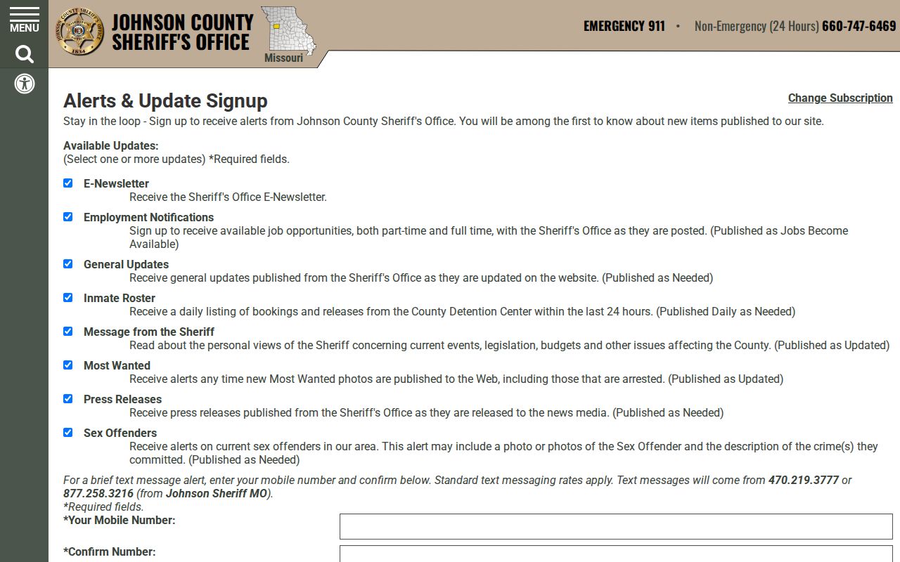 Johnson County Sheriff email and text alert signup information