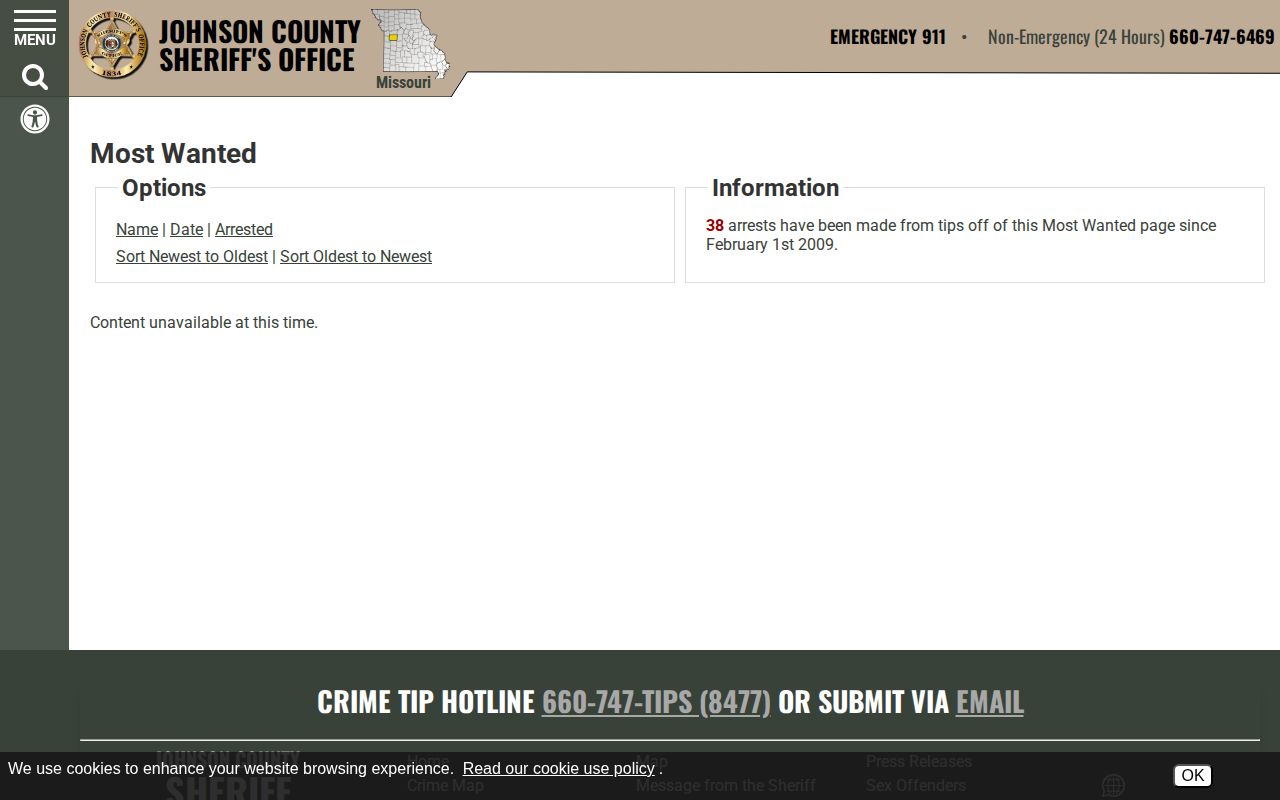 Johnson County Sheriff Most Wanted page unavailable status