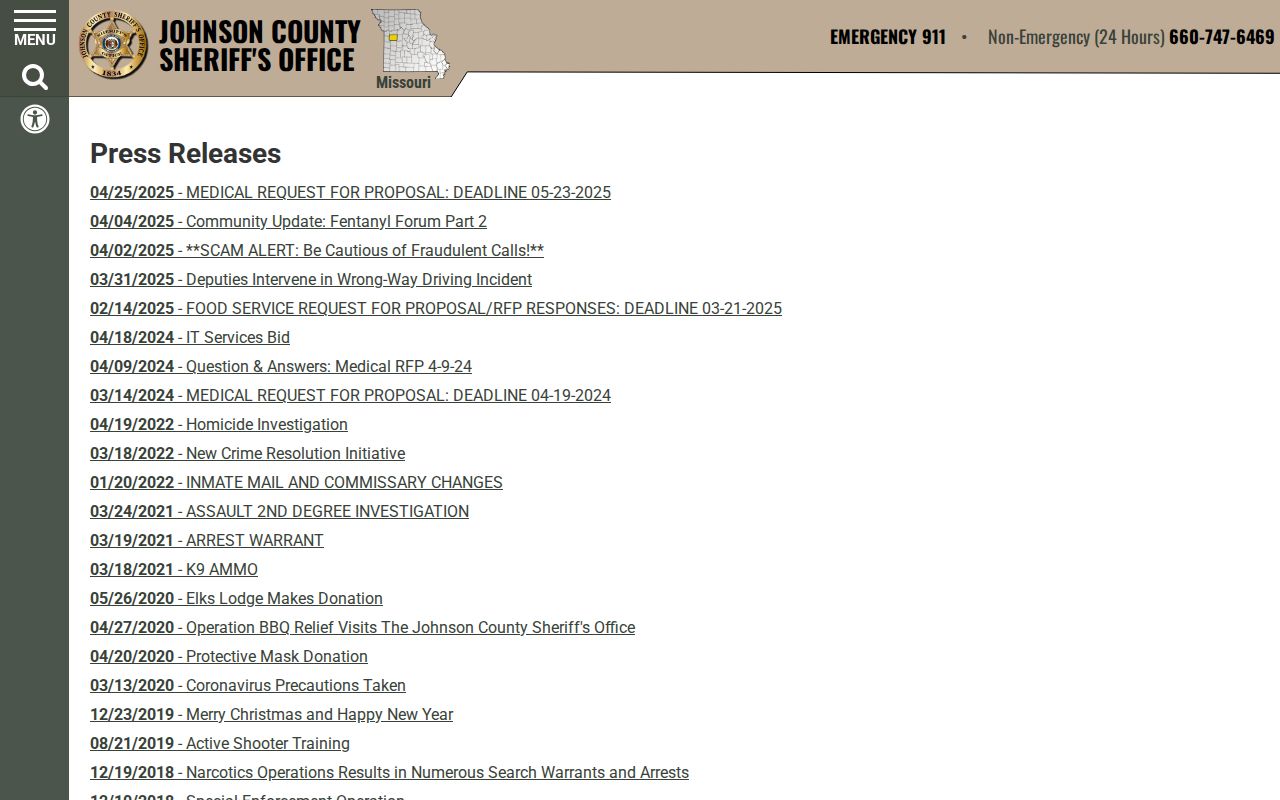 Johnson County Sheriff press archive used with weekly arrest log records