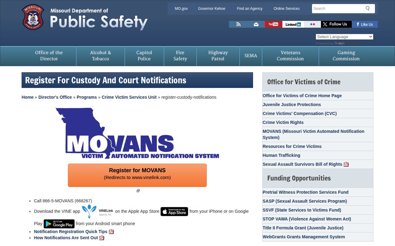 Missouri legacy VINELink custody notification page relevant to Johnson County