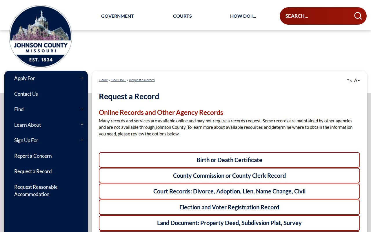 Johnson County Missouri official Request a Record page choices